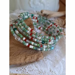 Bracelet Manchette Multirangs, Perles en Verre et Cristal, coloris Vert et Rouge
