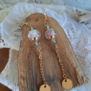 Boucles d’oreilles pendantes en acier inoxydable doré, Chaine, Perles en verre et cristal