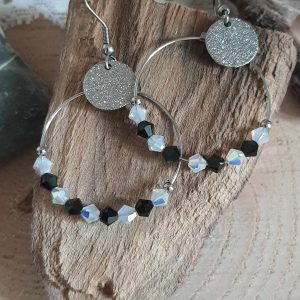 Créoles et crochets en acier inoxydable, Perles en cristal, noir et blanc