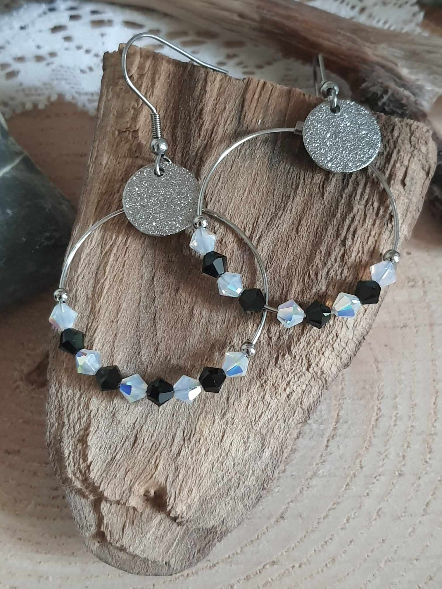 Créoles et crochets en acier inoxydable, Perles en cristal, noir et blanc