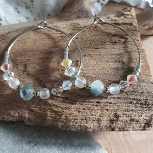 Créoles en acier inoxydable, Perles en verre et en cristal, blanc et gris