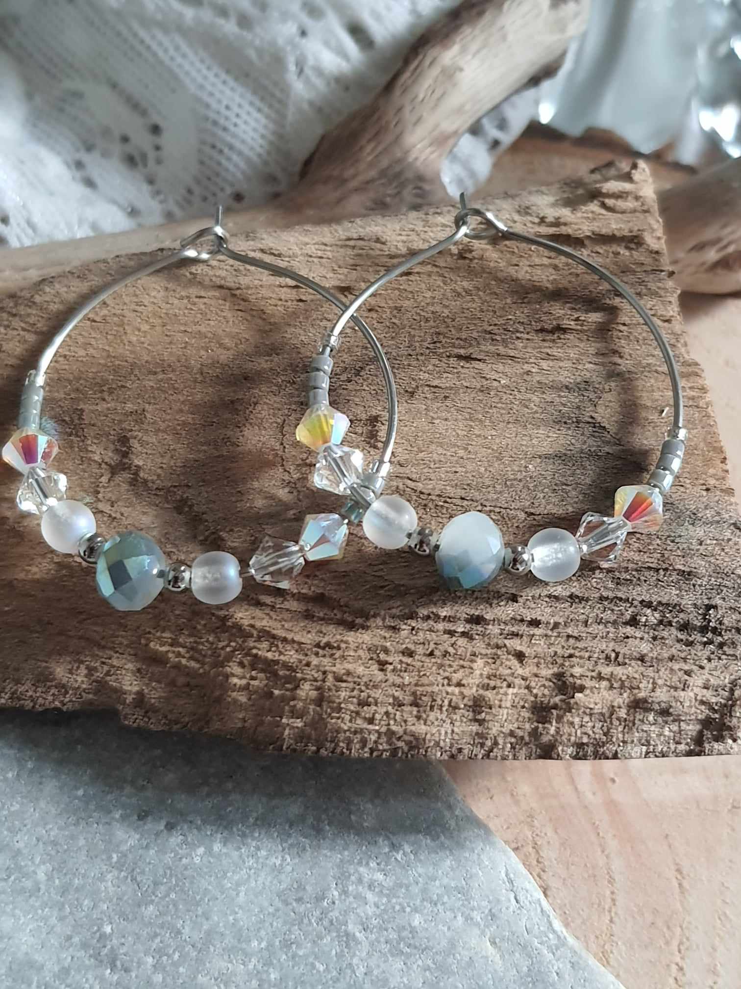 Créoles en acier inoxydable, Perles en verre et en cristal, blanc et gris