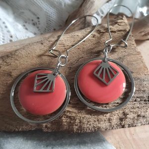Boucles d&rsquo;oreilles dormeuses graphiques cercle et losange en acier inoxydable, rose orange