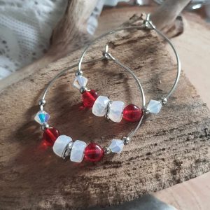 Créoles en acier inoxydable, Perles en verre et en cristal, Rondelles Heishi, blanc et rouge