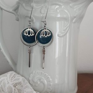 Boucles d&rsquo;oreilles dormeuses en acier inoxydable, Fleur de lotus, bleu canard