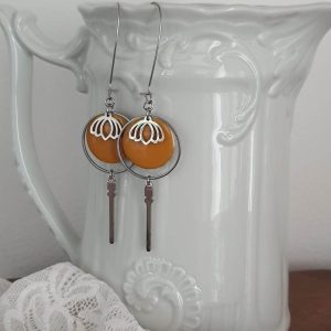 Boucles d&rsquo;oreilles dormeuses en acier inoxydable, Fleur de lotus, jaune