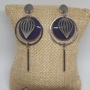 Boucles d’oreilles graphiques en acier inoxydable, cercle, sequin violet, fleur de lotus