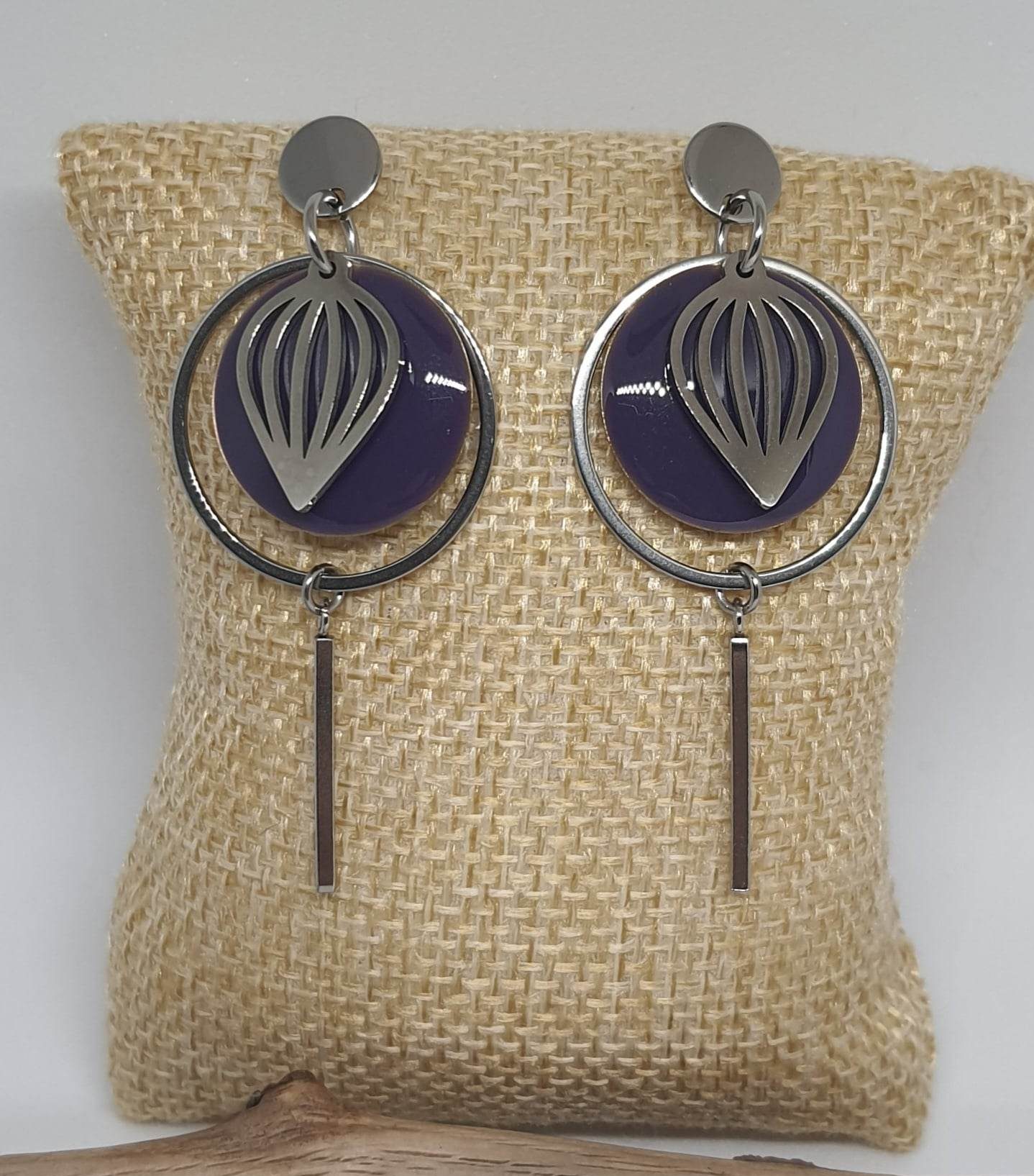 Boucles d'oreilles en acier inoxydable, cercle, sequin violet, fleur de lotus