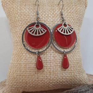Boucles d’oreilles pendantes crochets en acier inoxydable, Eventail rouge