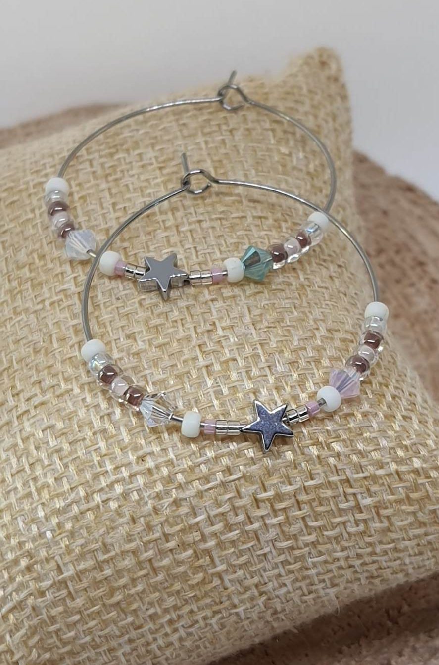 Créoles en acier inoxydable, Perles en cristal, en verre et en hématite, blanc rose et bleu pastel
