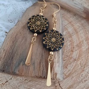 Boucles d’oreilles à crochets en acier inoxydable, mandala noir et doré
