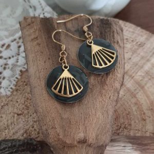 Boucles d’oreilles acier inoxydable éventail gris et doré