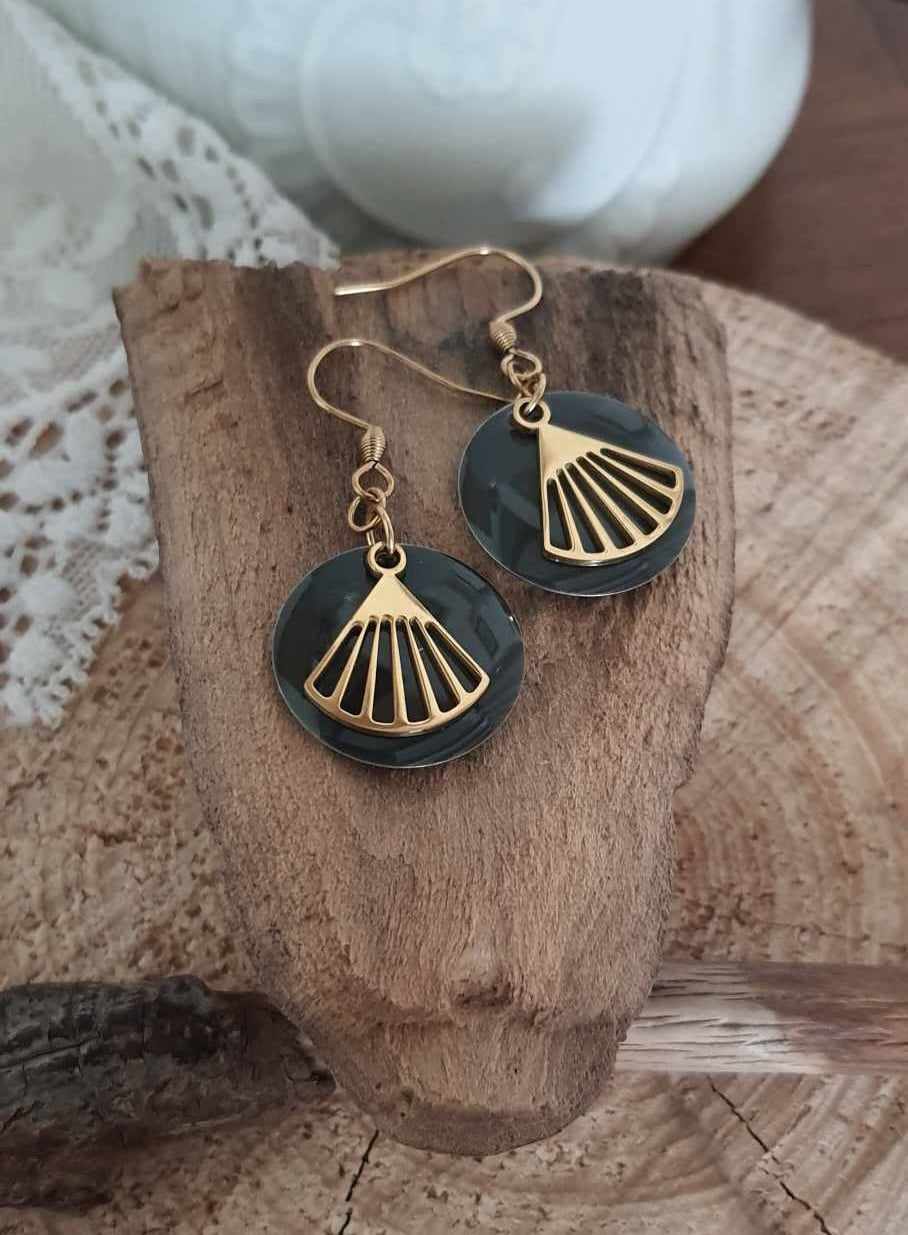 boucles d'oreilles acier inoxydable éventail gris et doré