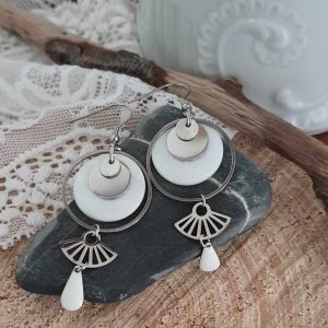 Boucles d’oreilles éventail en acier inoxydable et nacre
