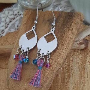 Boucles d&rsquo;oreilles en acier pompons turquoises et roses