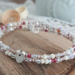 Bracelet manchette à mémoire de forme 2 rangs, perles en verre et cristal, nude délicat