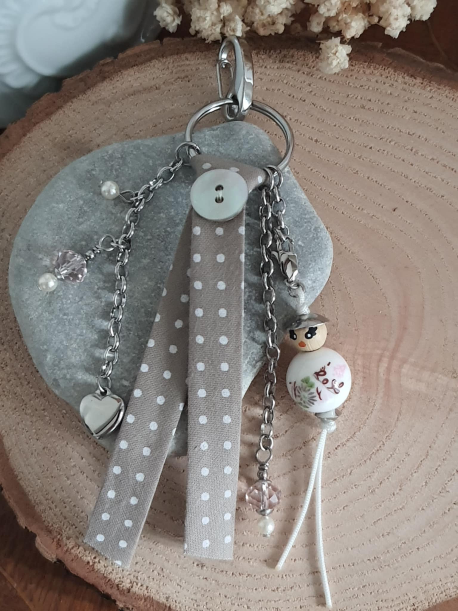 Bijou de sac en acier inoxydable, ruban à pois, poupée
